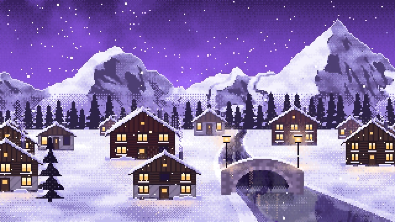 Purple Pixel Art Snowy Mountain Village at Night desktop wallpaper in 4K