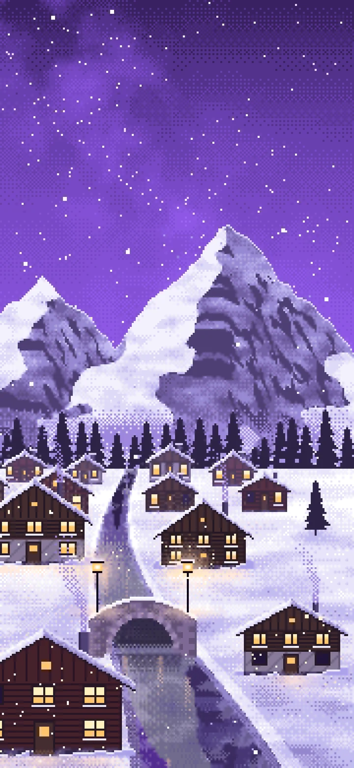 Purple Pixel Art Snowy Mountain Village at Night wallpaper for iPhone and Android