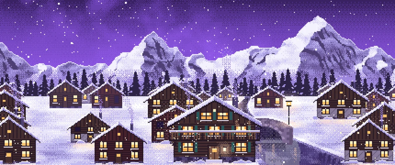 Purple Pixel Art Snowy Mountain Village at Night ultrawide wallpaper, 3440 × 1440