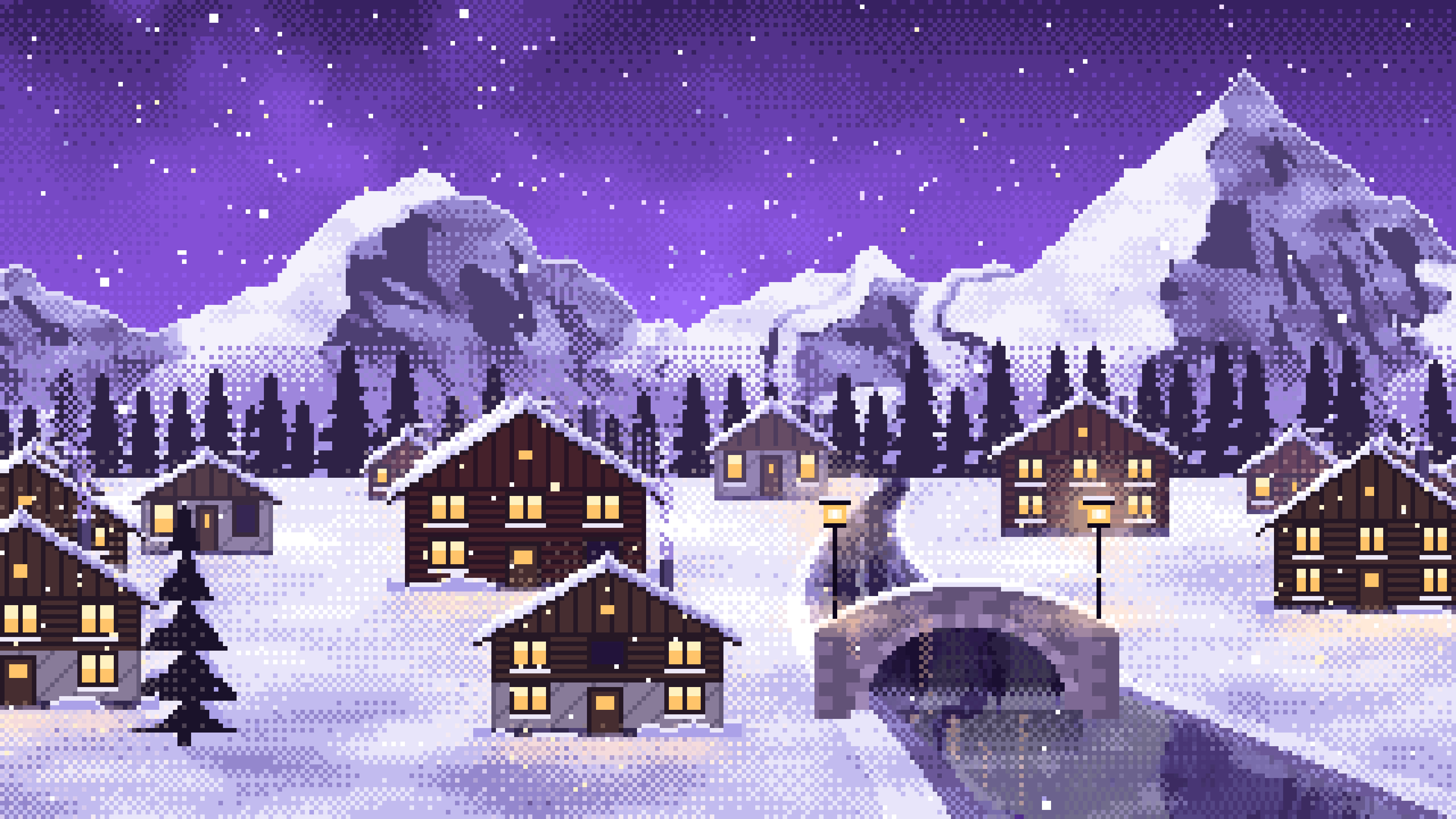 Purple Pixel Art Snowy Mountain Village at Night desktop wallpaper in 4K