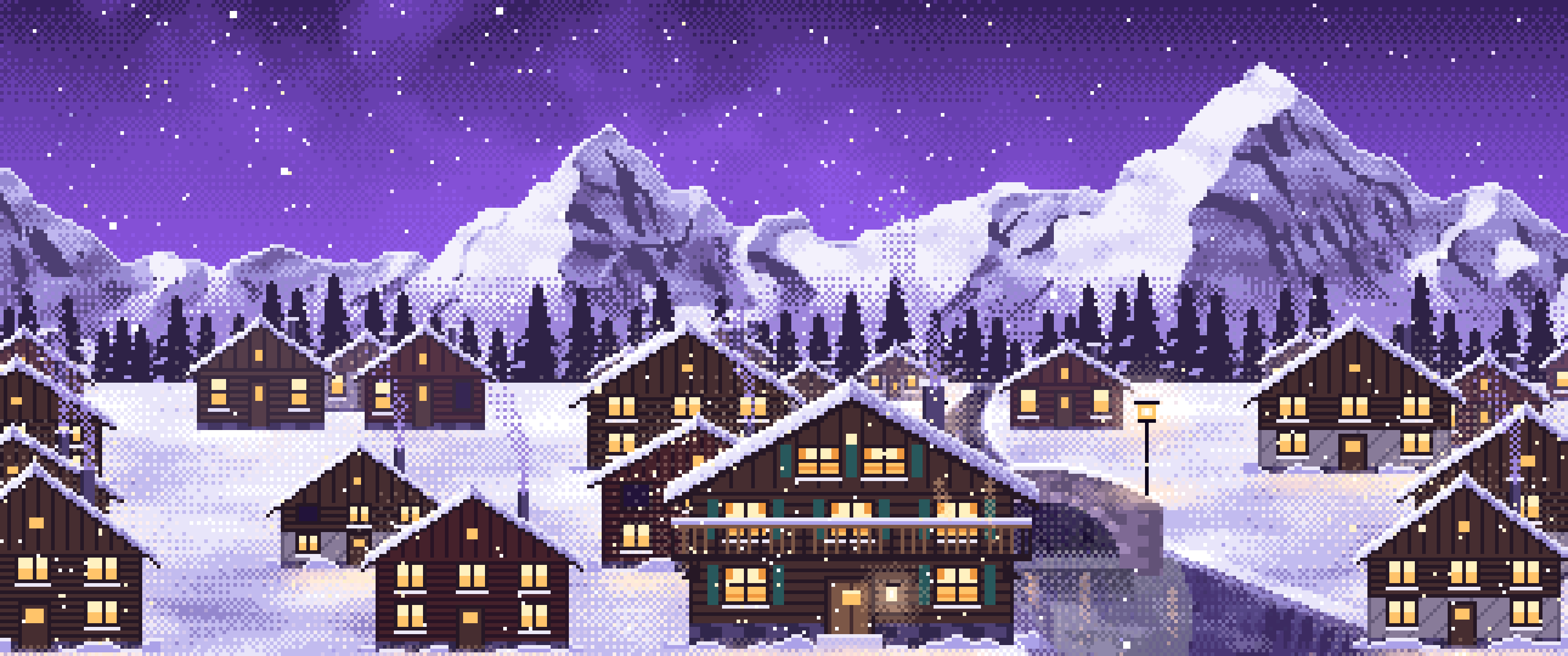 Purple Pixel Art Snowy Mountain Village at Night ultrawide wallpaper, 3440 × 1440