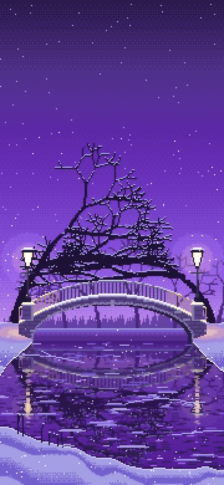 Purple Pixel Art Snowy Park Bridge by Lamplight wallpaper for iPhone and Android