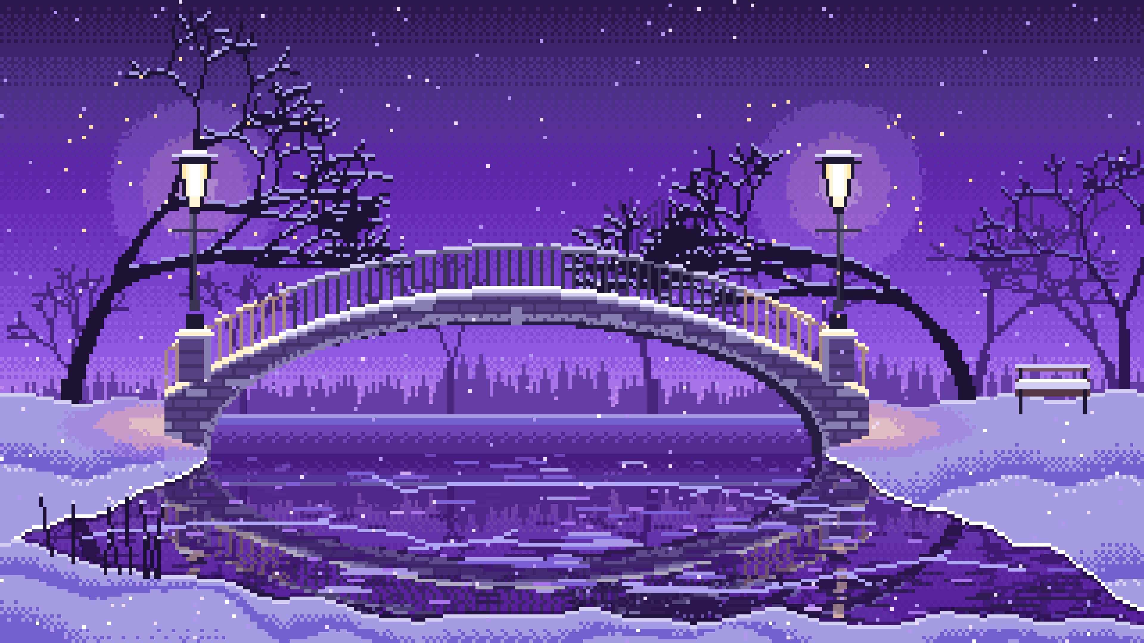 Purple Pixel Art Snowy Park Bridge by Lamplight desktop wallpaper in 4K