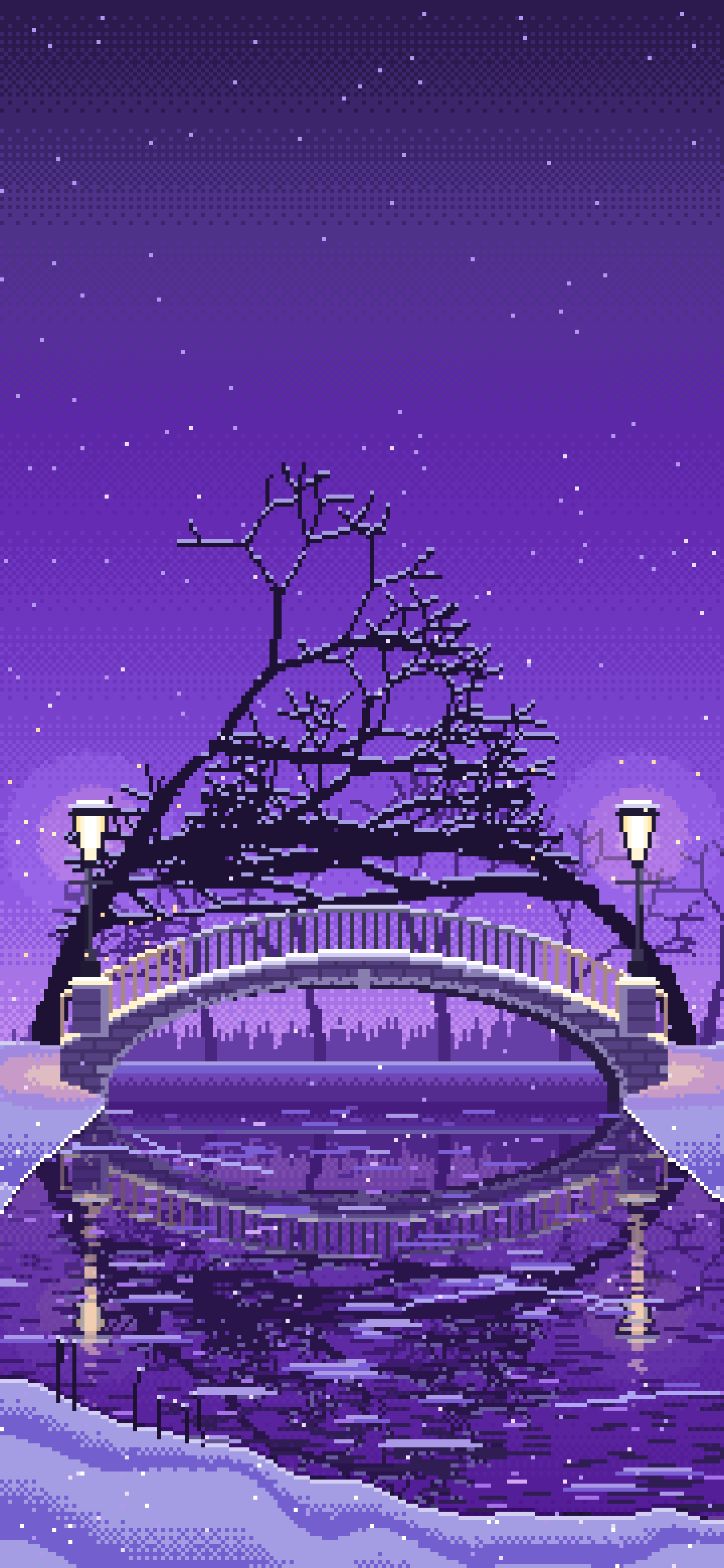 Purple Pixel Art Snowy Park Bridge by Lamplight wallpaper for iPhone and Android