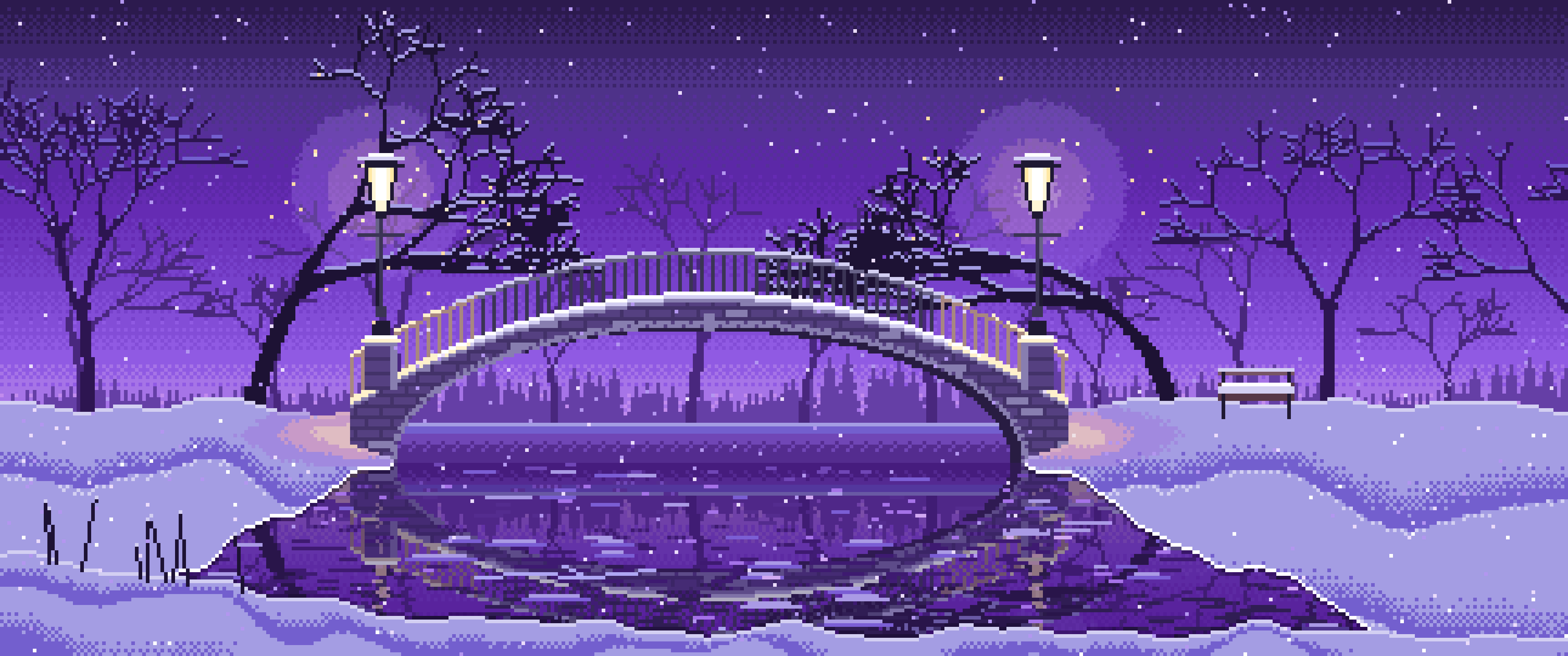 Purple Pixel Art Snowy Park Bridge by Lamplight ultrawide wallpaper, 3440 × 1440