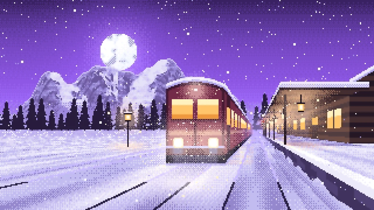 Purple Pixel Art Snowy Train Station at Night desktop wallpaper in 4K