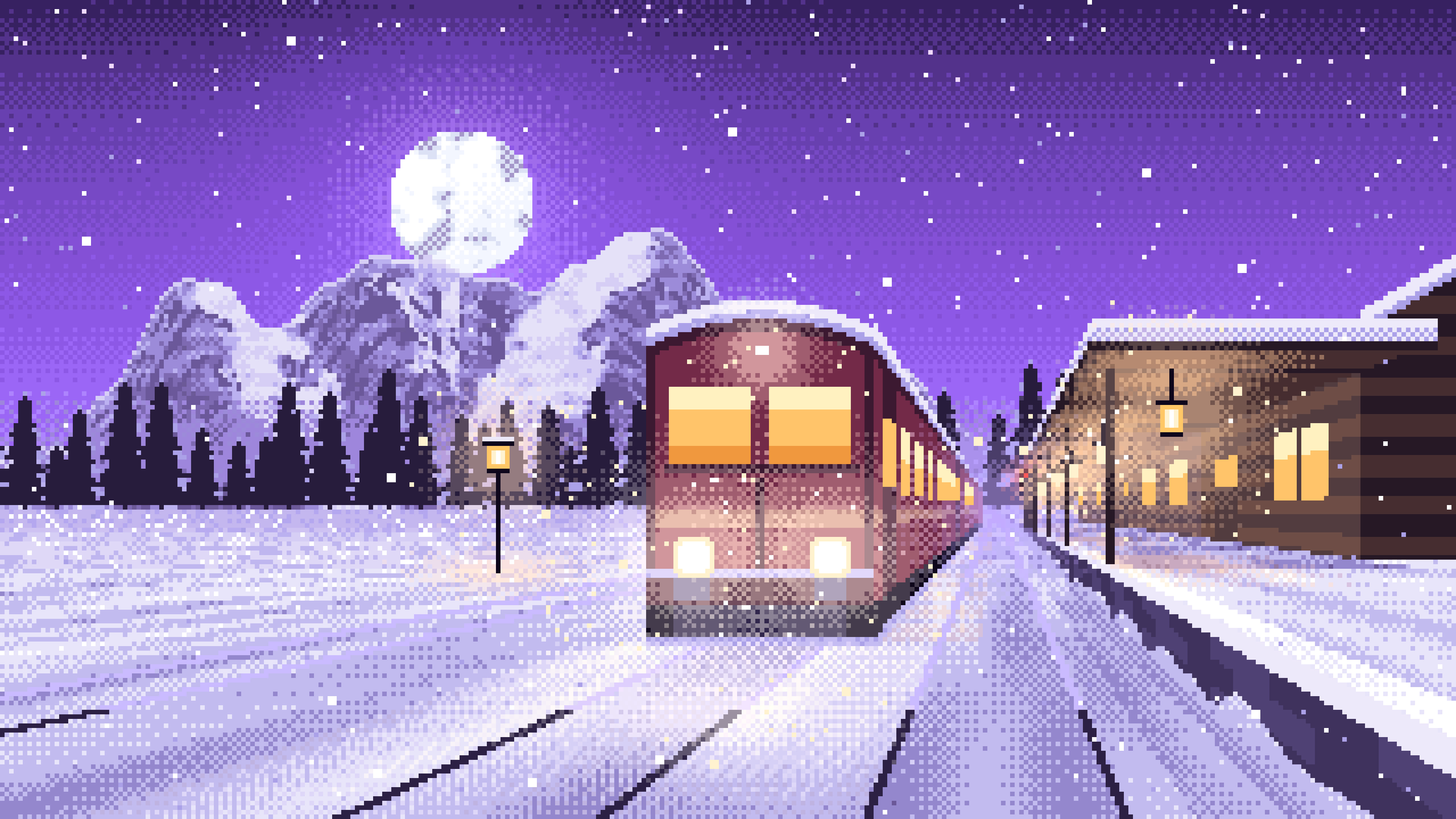 Purple Pixel Art Snowy Train Station at Night desktop wallpaper in 4K