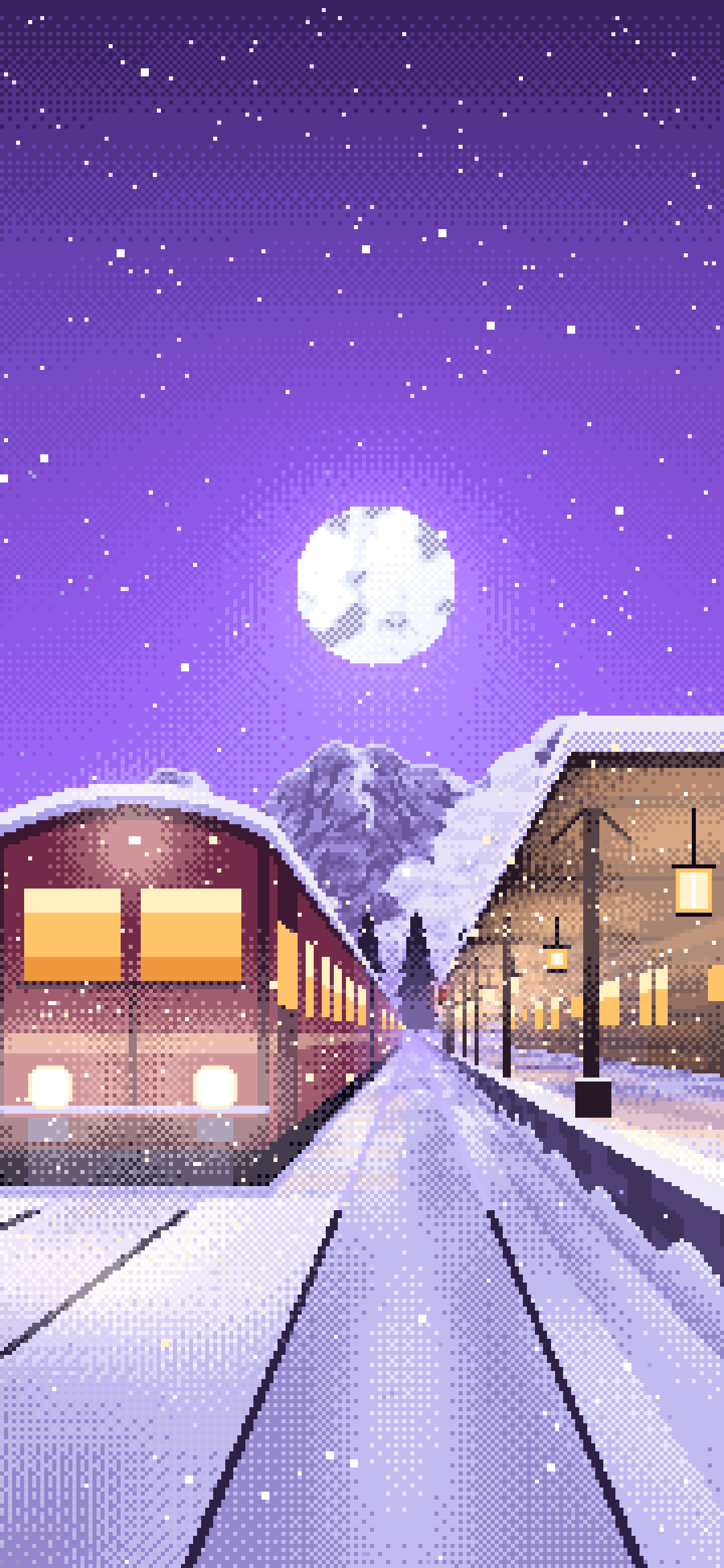 Purple Pixel Art Snowy Train Station at Night wallpaper for iPhone and Android