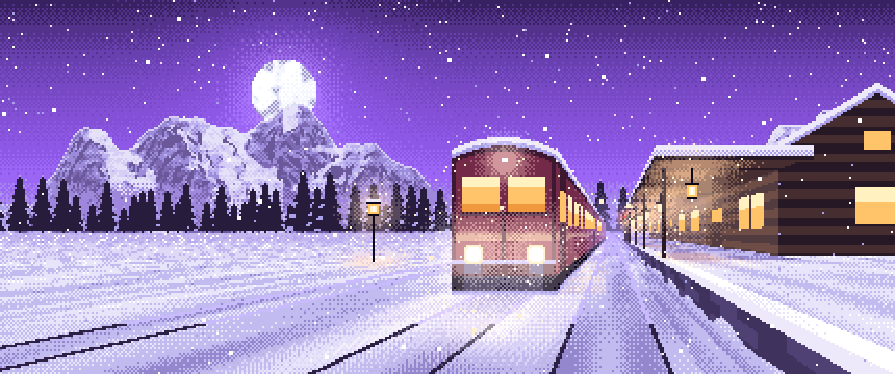 Purple Pixel Art Snowy Train Station at Night ultrawide wallpaper, 3440 × 1440