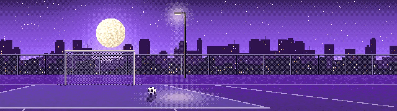 Purple Pixel Art Soccer Pitch Under the Moon dual monitor wallpaper, 7680 × 2160