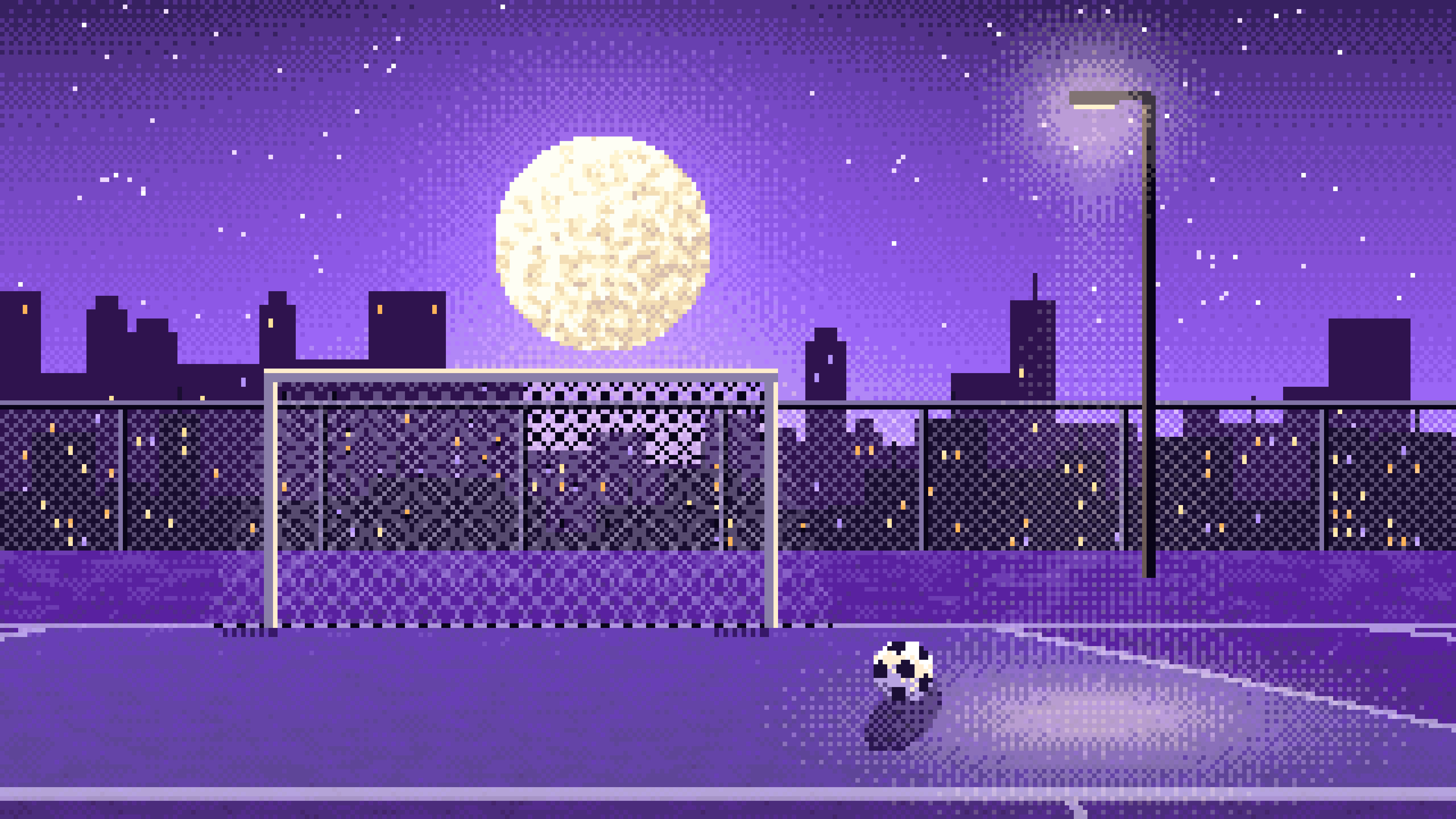 Purple Pixel Art Soccer Pitch Under the Moon desktop wallpaper in 4K
