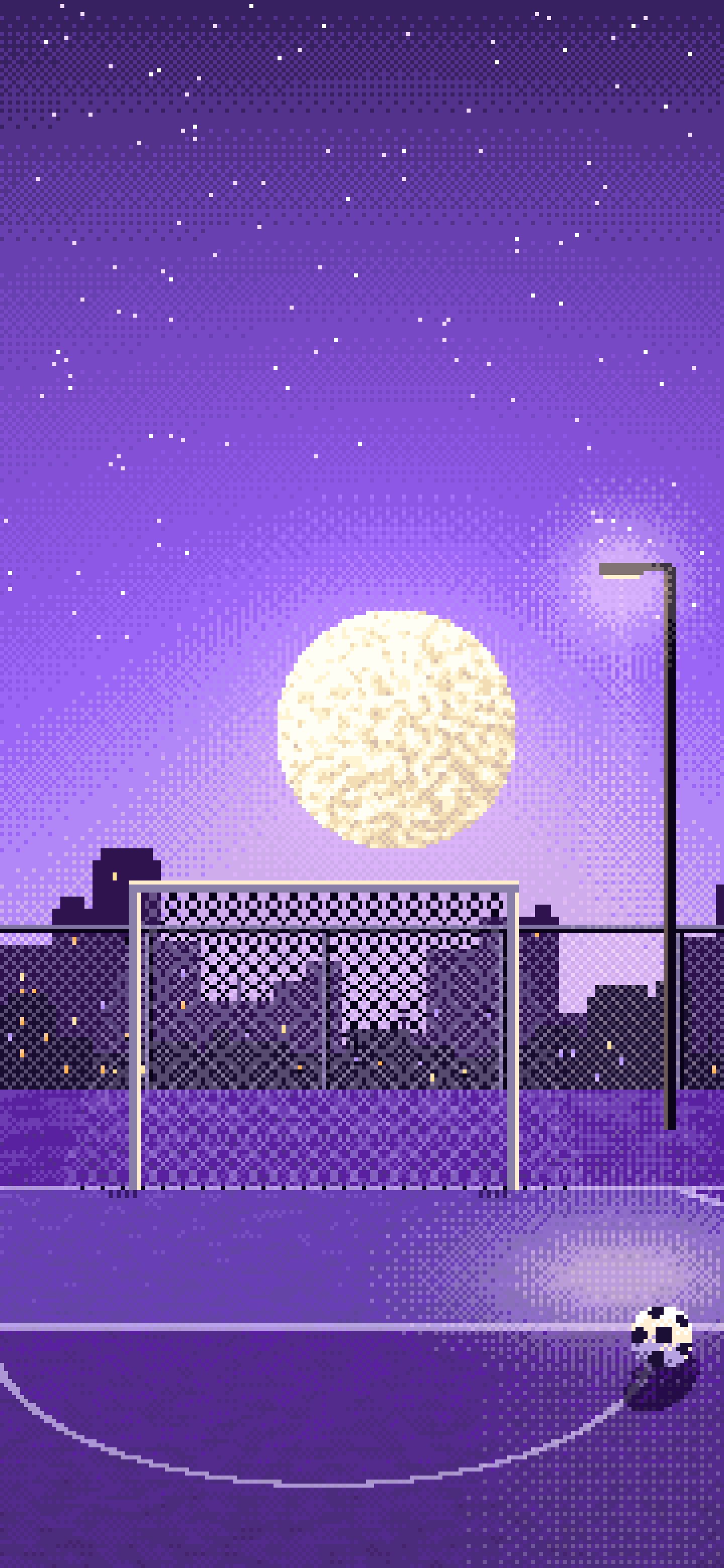 Purple Pixel Art Soccer Pitch Under the Moon wallpaper for iPhone and Android