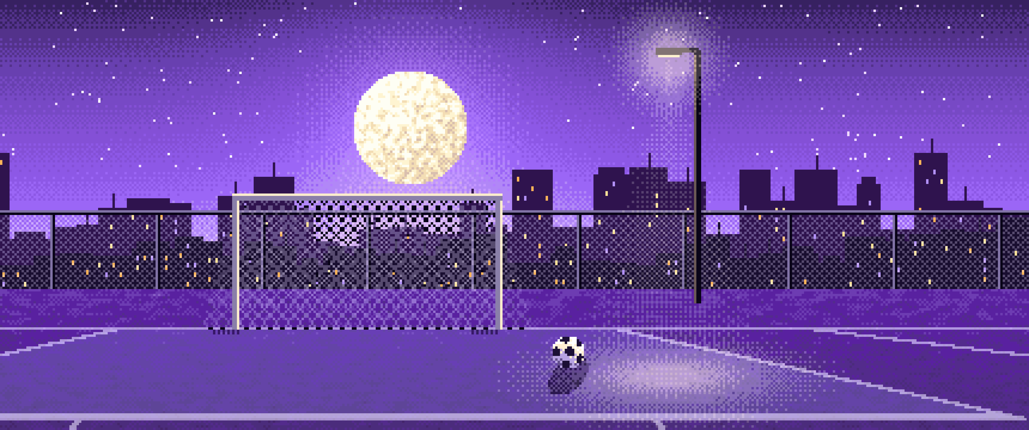 Purple Pixel Art Soccer Pitch Under the Moon ultrawide wallpaper, 3440 × 1440