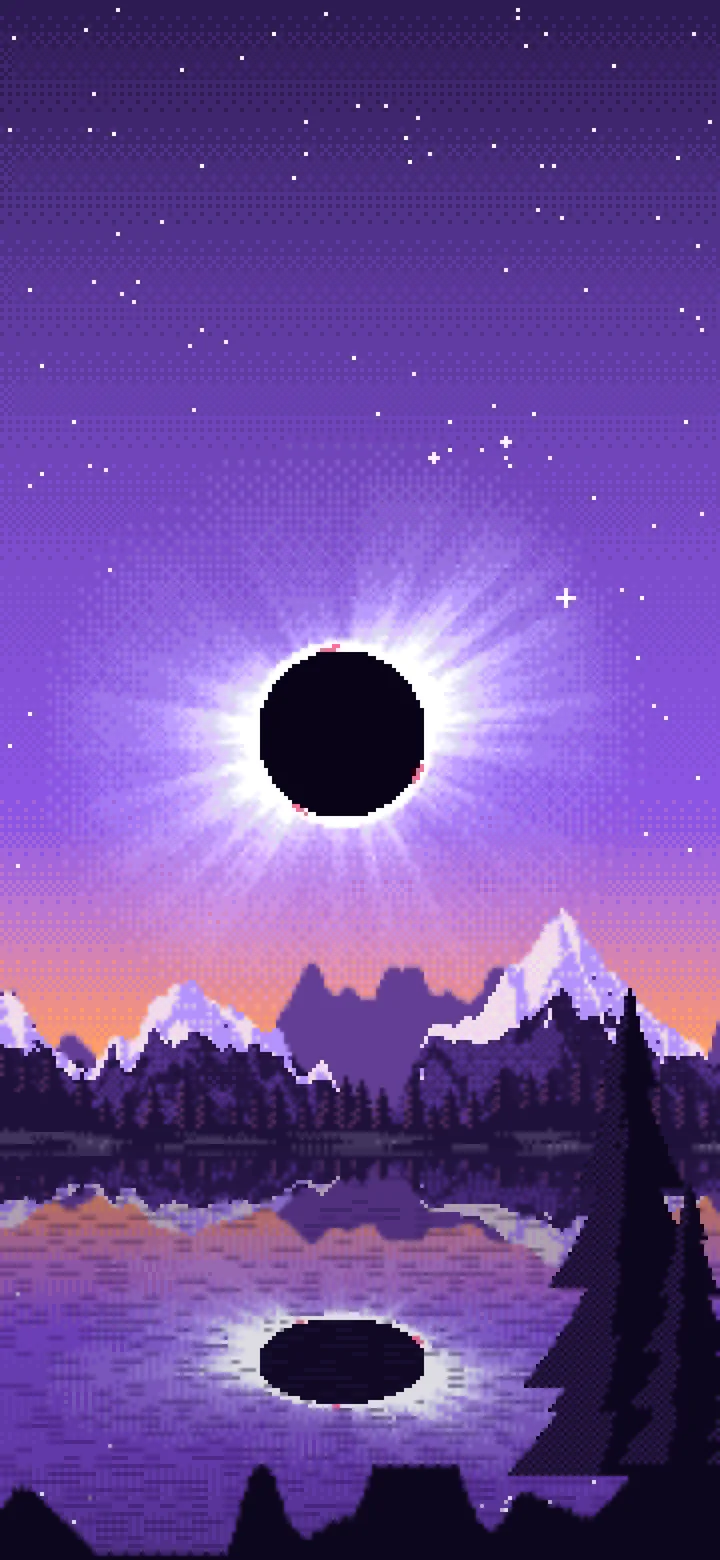 Purple Pixel Art Solar Eclipse Over a Lake wallpaper for iPhone and Android