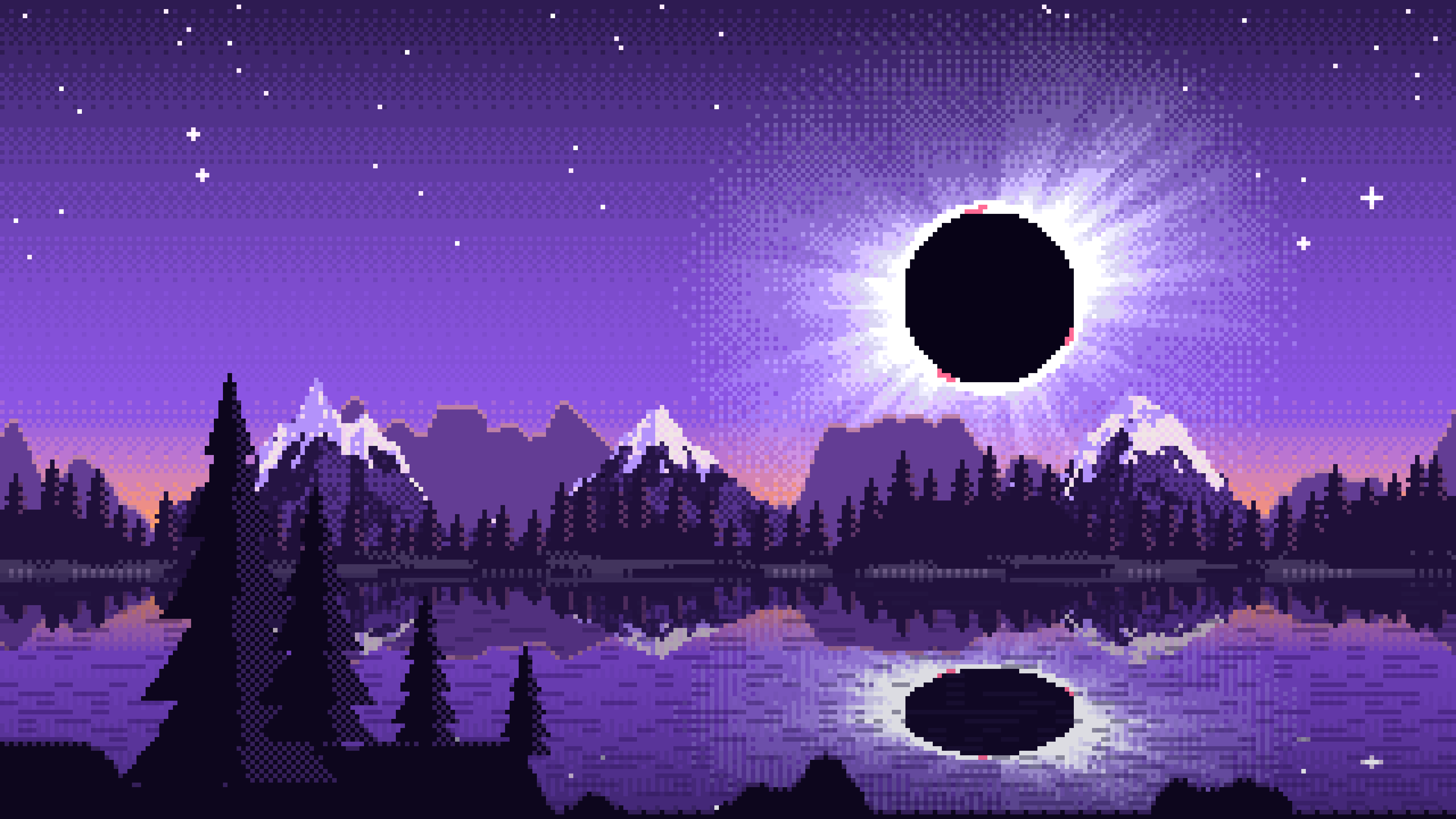 Purple Pixel Art Solar Eclipse Over a Lake desktop wallpaper in 4K