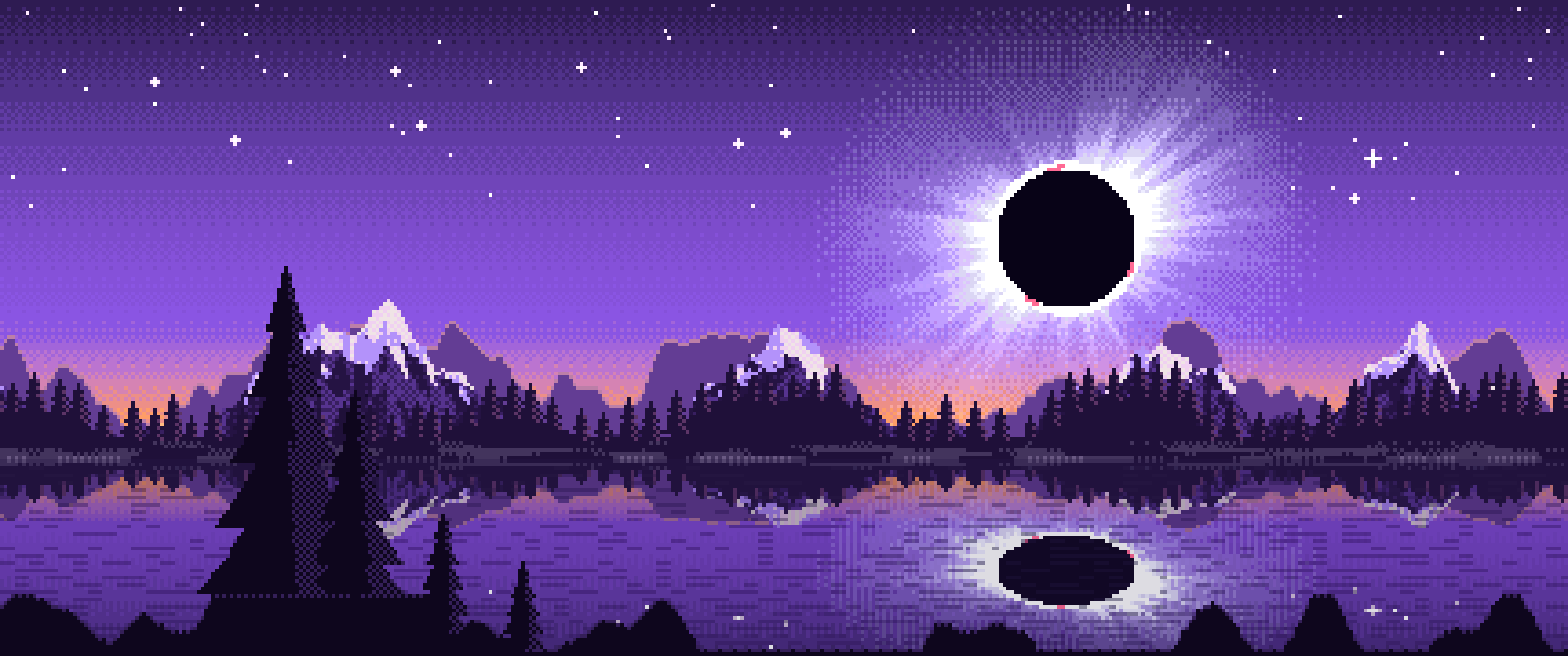 Purple Pixel Art Solar Eclipse Over a Lake ultrawide wallpaper, 3440 × 1440