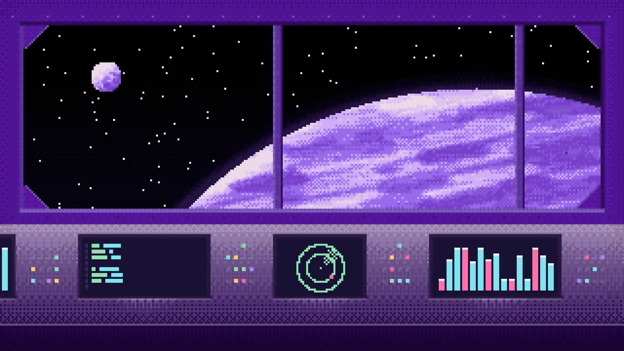 Purple Pixel Art Space Station desktop wallpaper in 4K