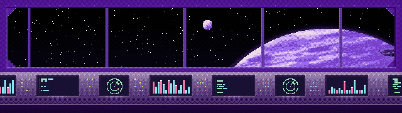 Purple Pixel Art Space Station dual monitor wallpaper, 7680 × 2160
