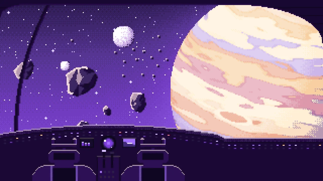 Purple Pixel Art Spaceship Cockpit and a Giant Planet desktop wallpaper in 4K