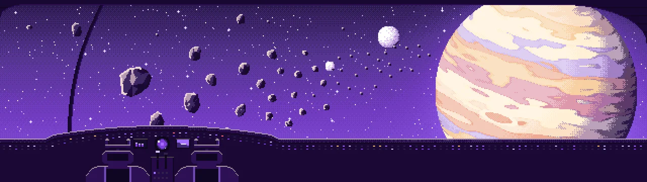 Purple Pixel Art Spaceship Cockpit and a Giant Planet dual monitor wallpaper, 7680 × 2160
