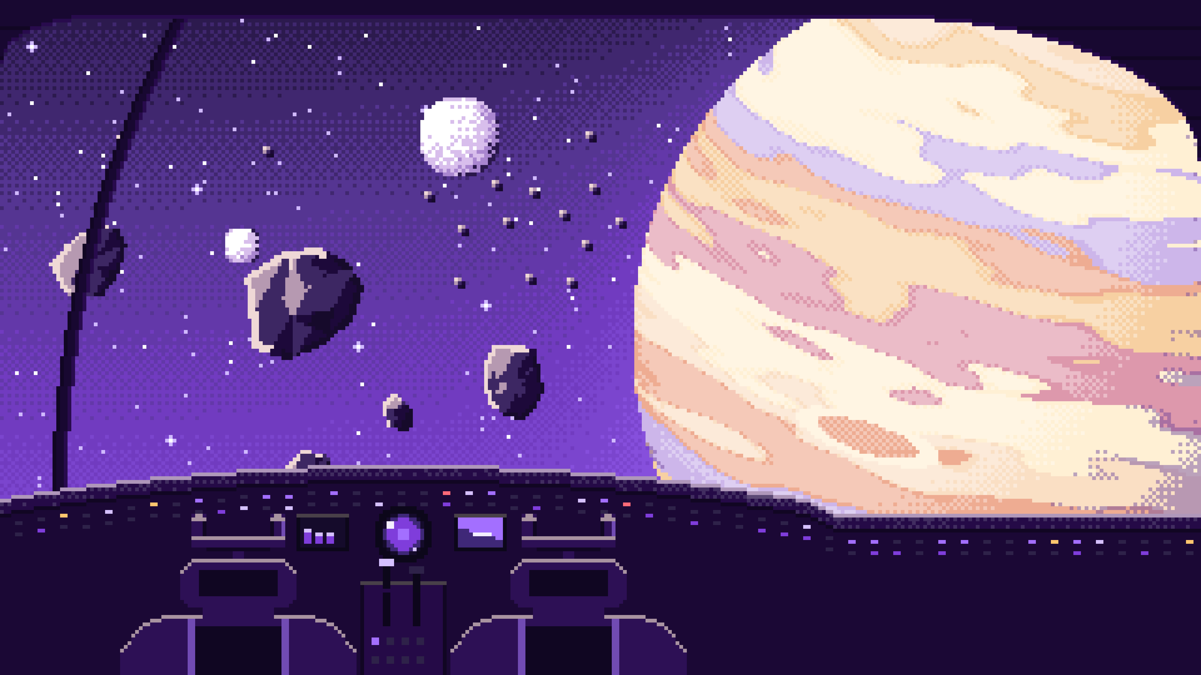 Purple Pixel Art Spaceship Cockpit and a Giant Planet desktop wallpaper in 4K