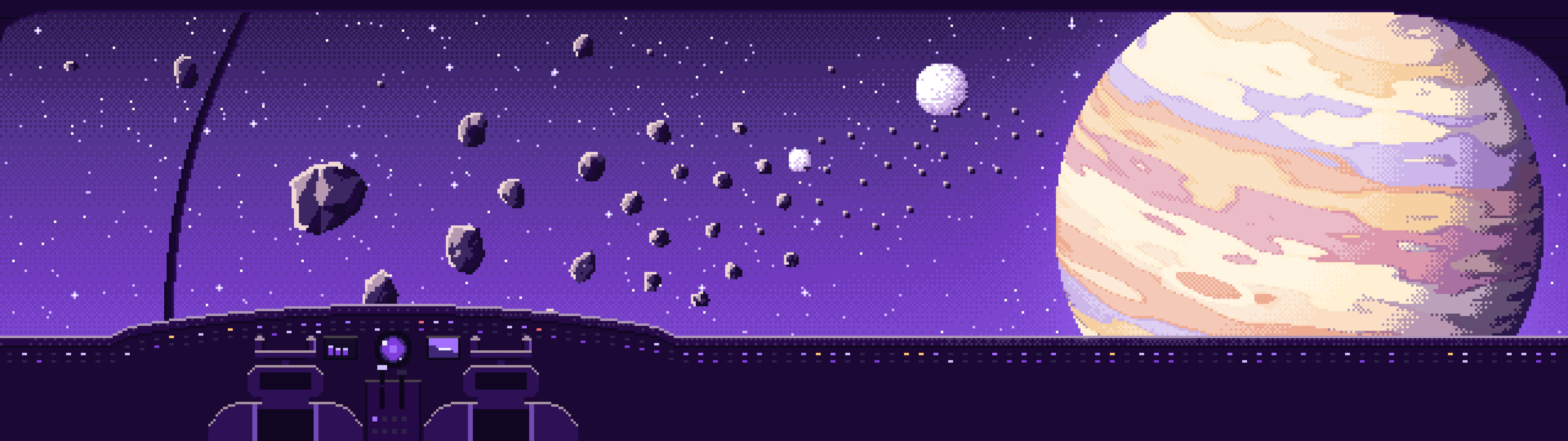 Purple Pixel Art Spaceship Cockpit and a Giant Planet dual monitor wallpaper, 7680 × 2160