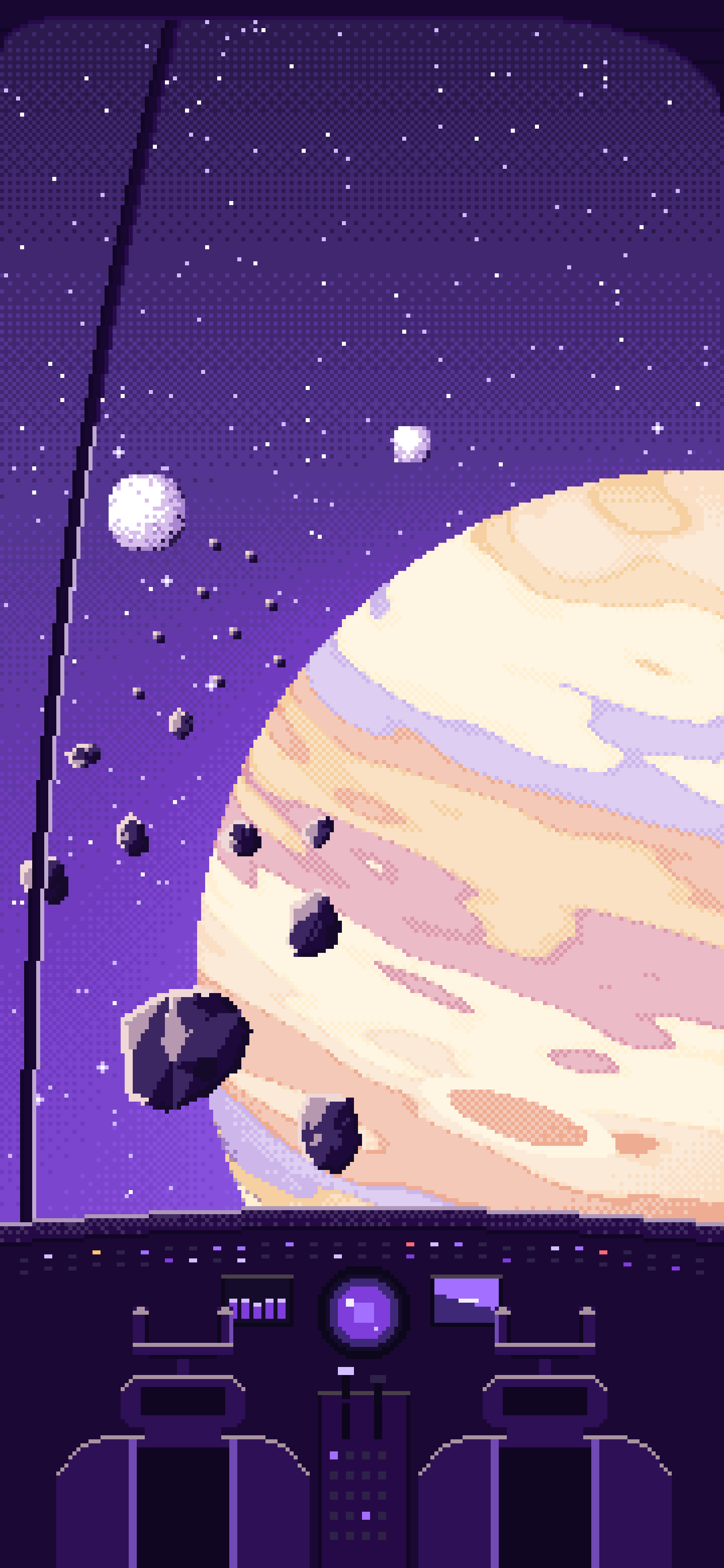 Purple Pixel Art Spaceship Cockpit and a Giant Planet wallpaper for iPhone and Android