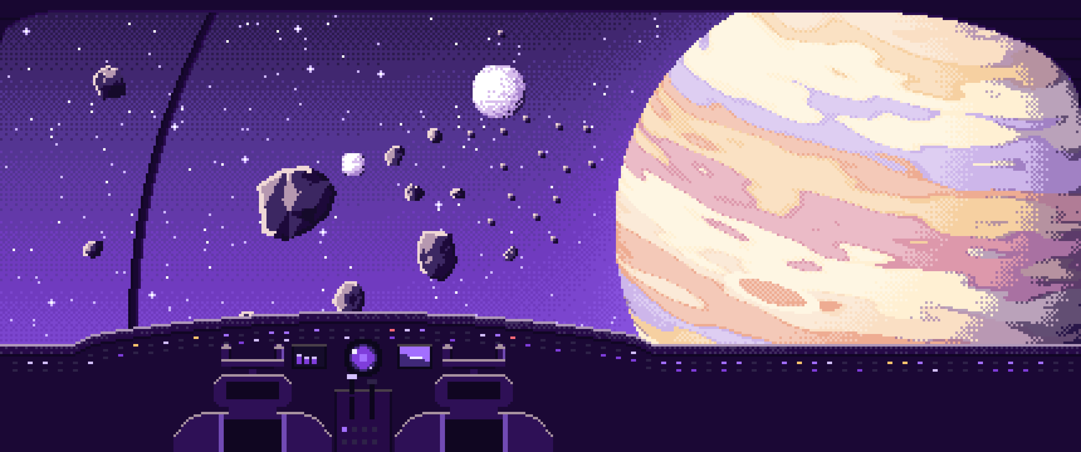 Purple Pixel Art Spaceship Cockpit and a Giant Planet ultrawide wallpaper, 3440 × 1440