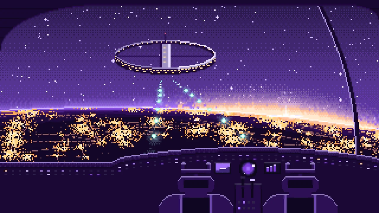 Purple Pixel Art Spaceship Cockpit Approaching a Planet at Night desktop wallpaper in 4K