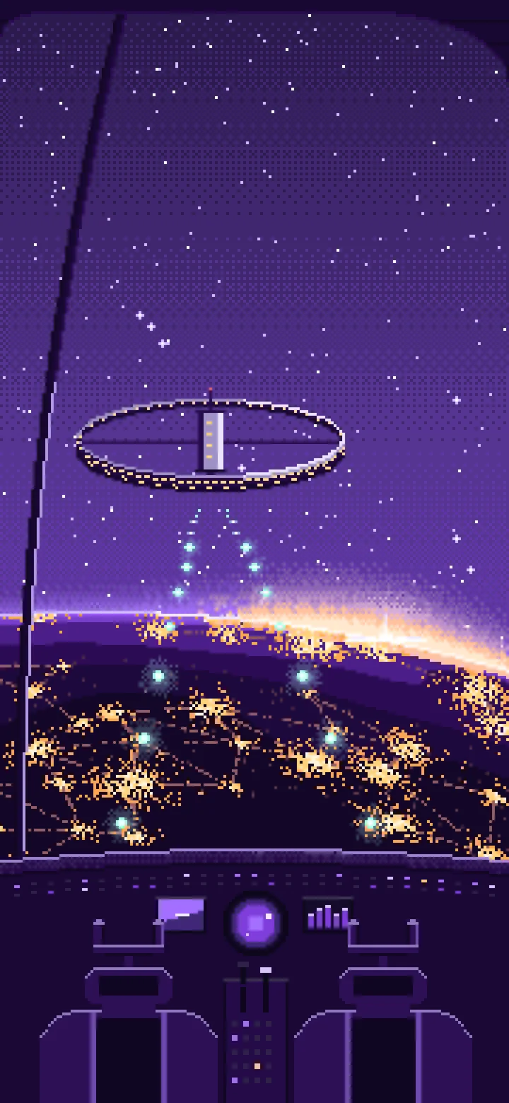 Purple Pixel Art Spaceship Cockpit Approaching a Planet at Night wallpaper for iPhone and Android
