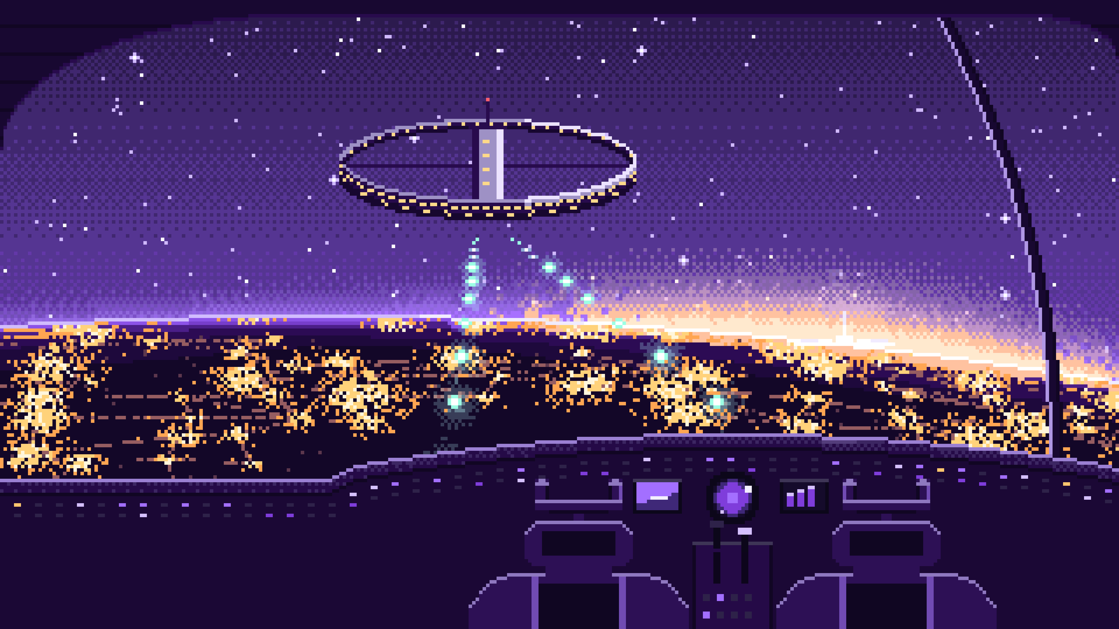 Purple Pixel Art Spaceship Cockpit Approaching a Planet at Night desktop wallpaper in 4K