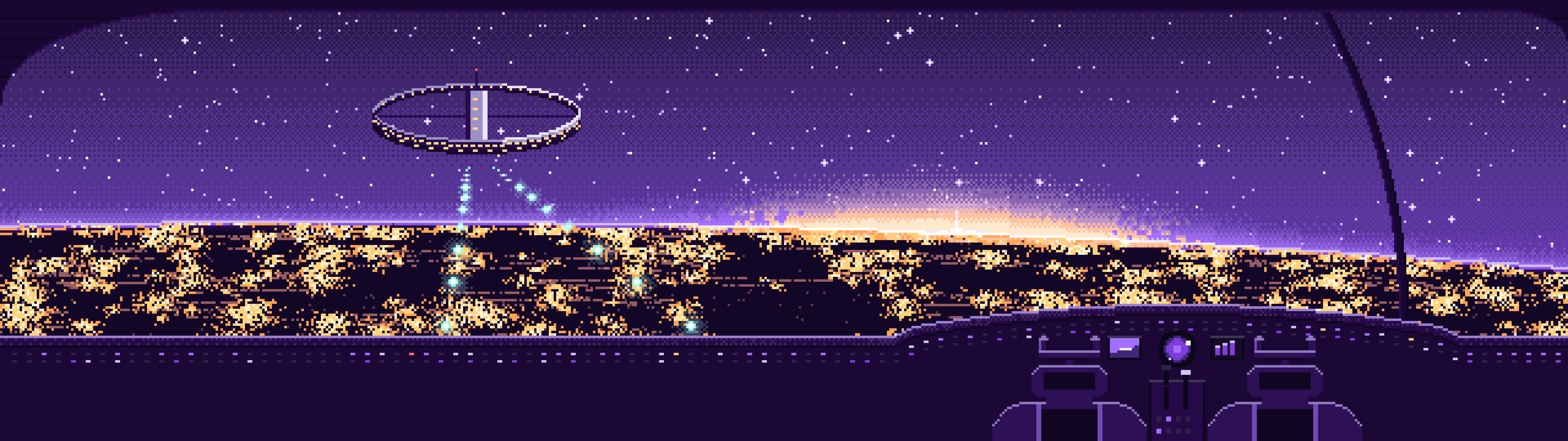 Purple Pixel Art Spaceship Cockpit Approaching a Planet at Night dual monitor wallpaper, 7680 × 2160
