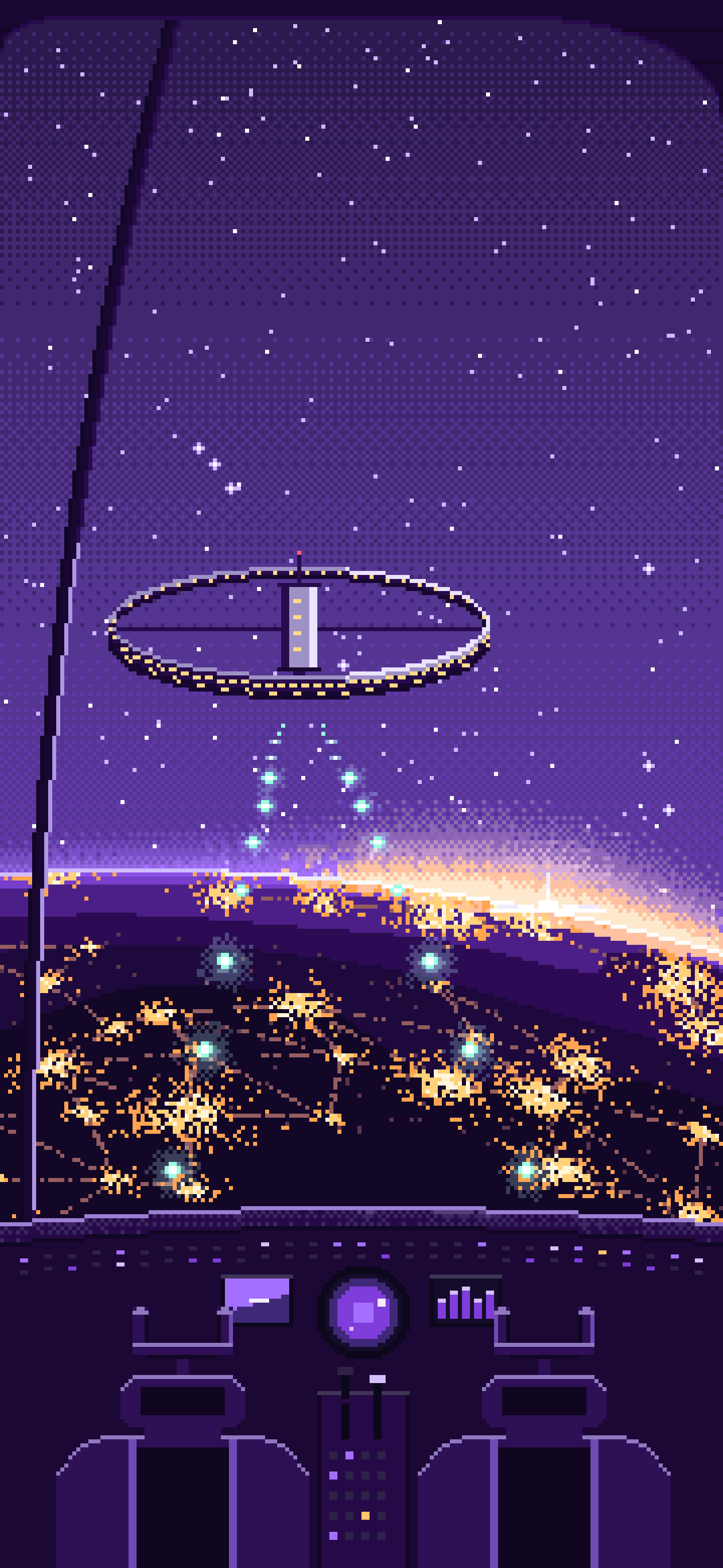 Purple Pixel Art Spaceship Cockpit Approaching a Planet at Night wallpaper for iPhone and Android