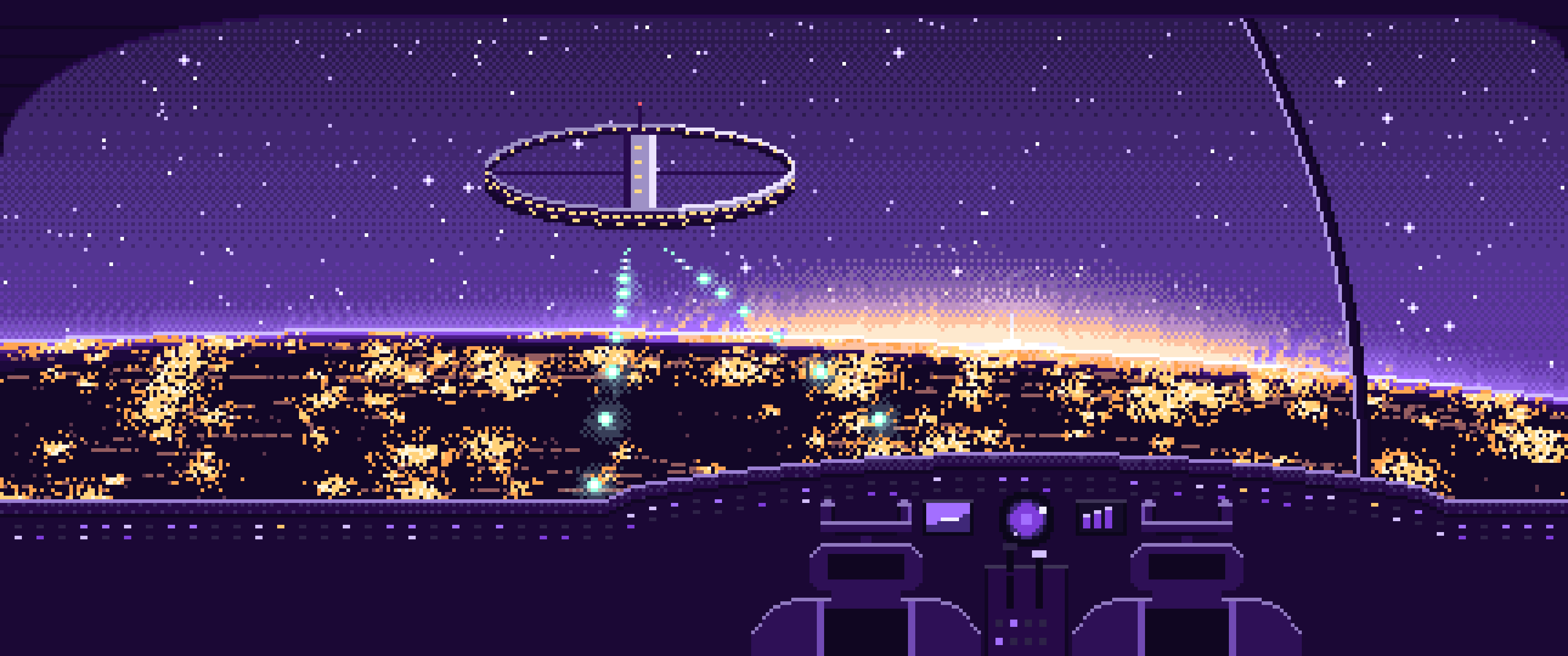 Purple Pixel Art Spaceship Cockpit Approaching a Planet at Night ultrawide wallpaper, 3440 × 1440