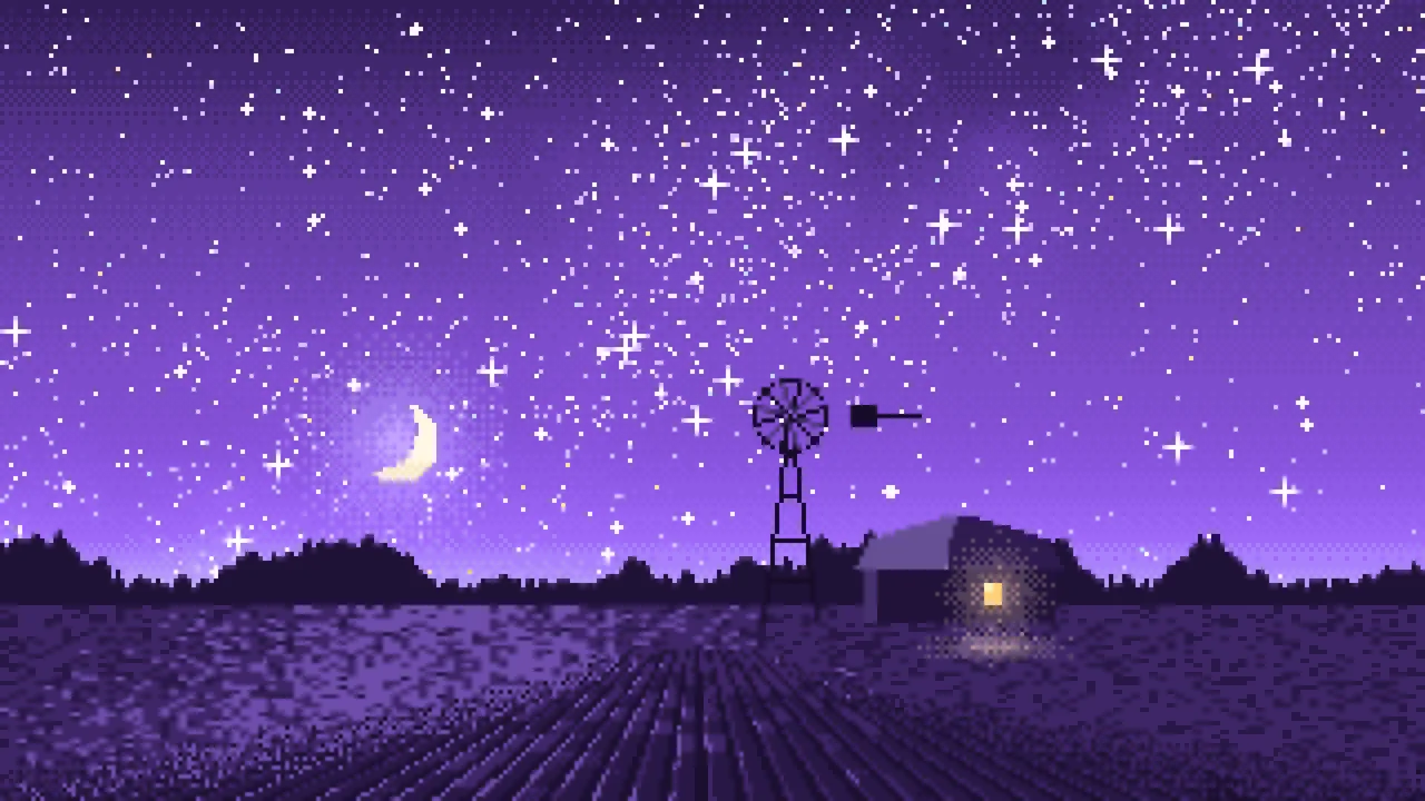 Purple Pixel Art Starry Night Sky Over a Field desktop wallpaper in 4K