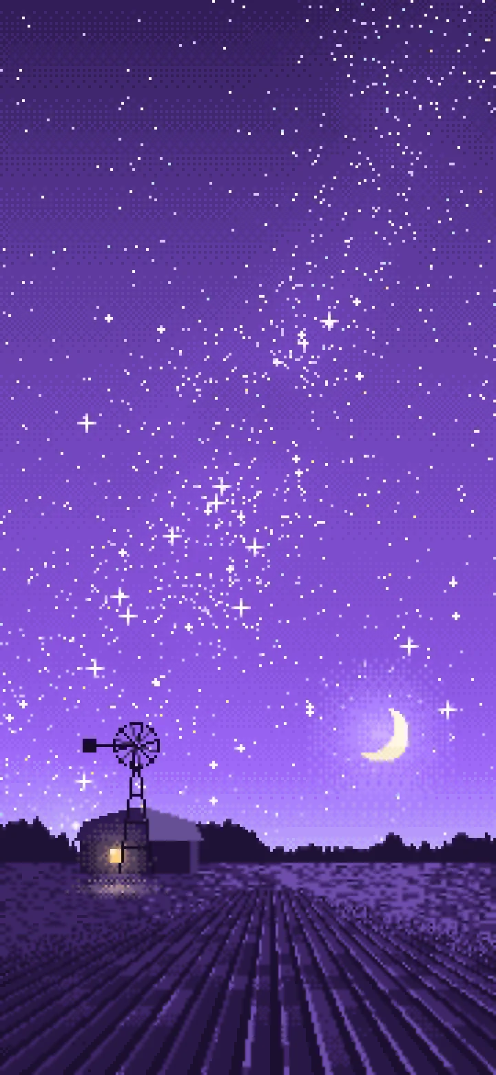Purple Pixel Art Starry Night Sky Over a Field wallpaper for iPhone and Android