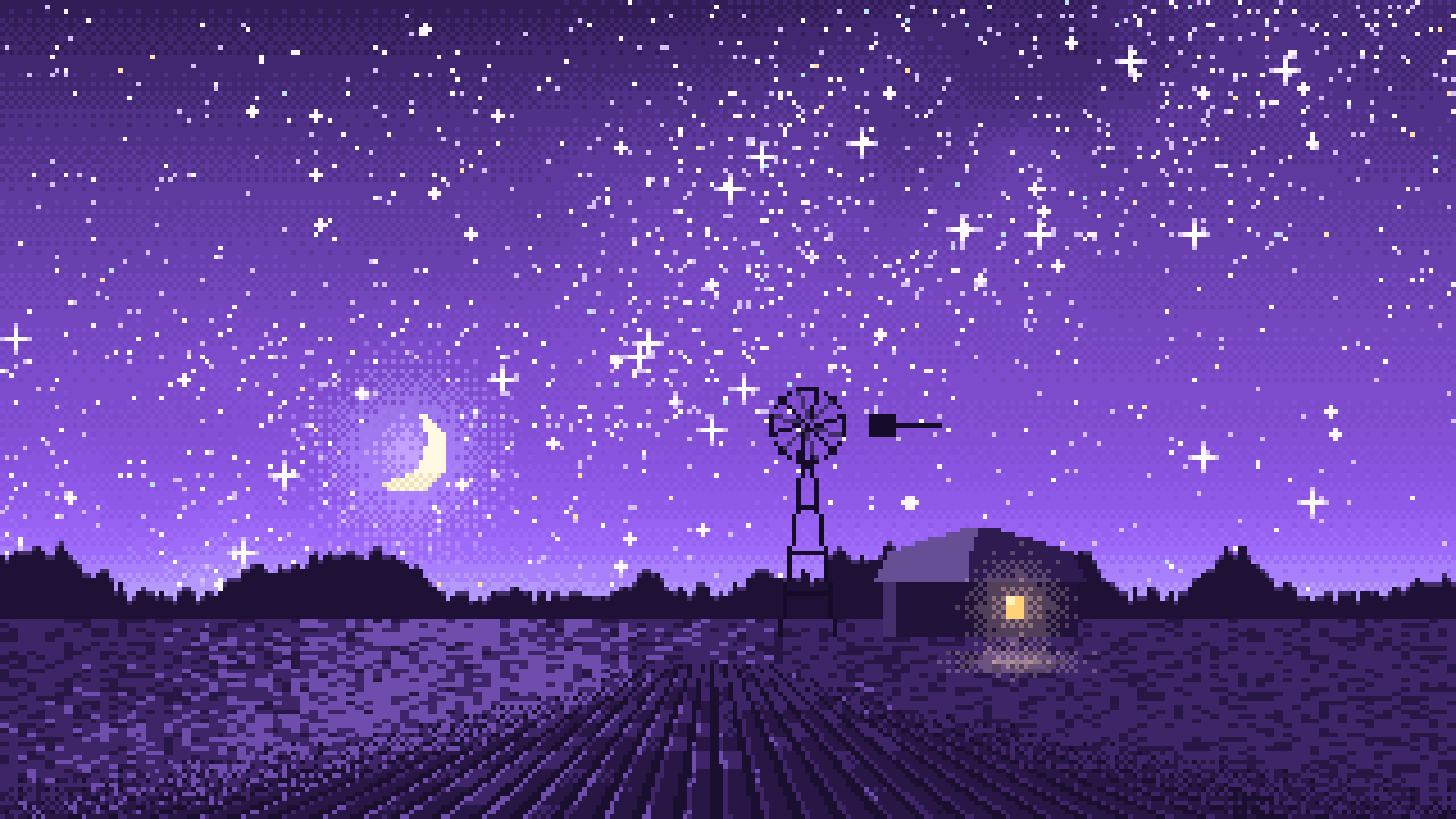 Purple Pixel Art Starry Night Sky Over a Field desktop wallpaper in 4K