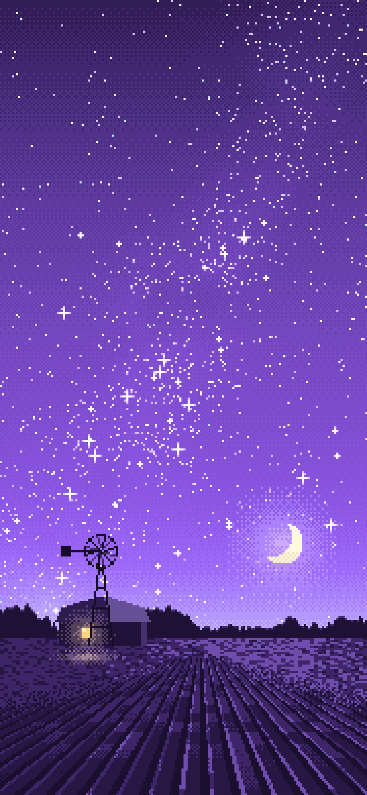 Purple Pixel Art Starry Night Sky Over a Field wallpaper for iPhone and Android