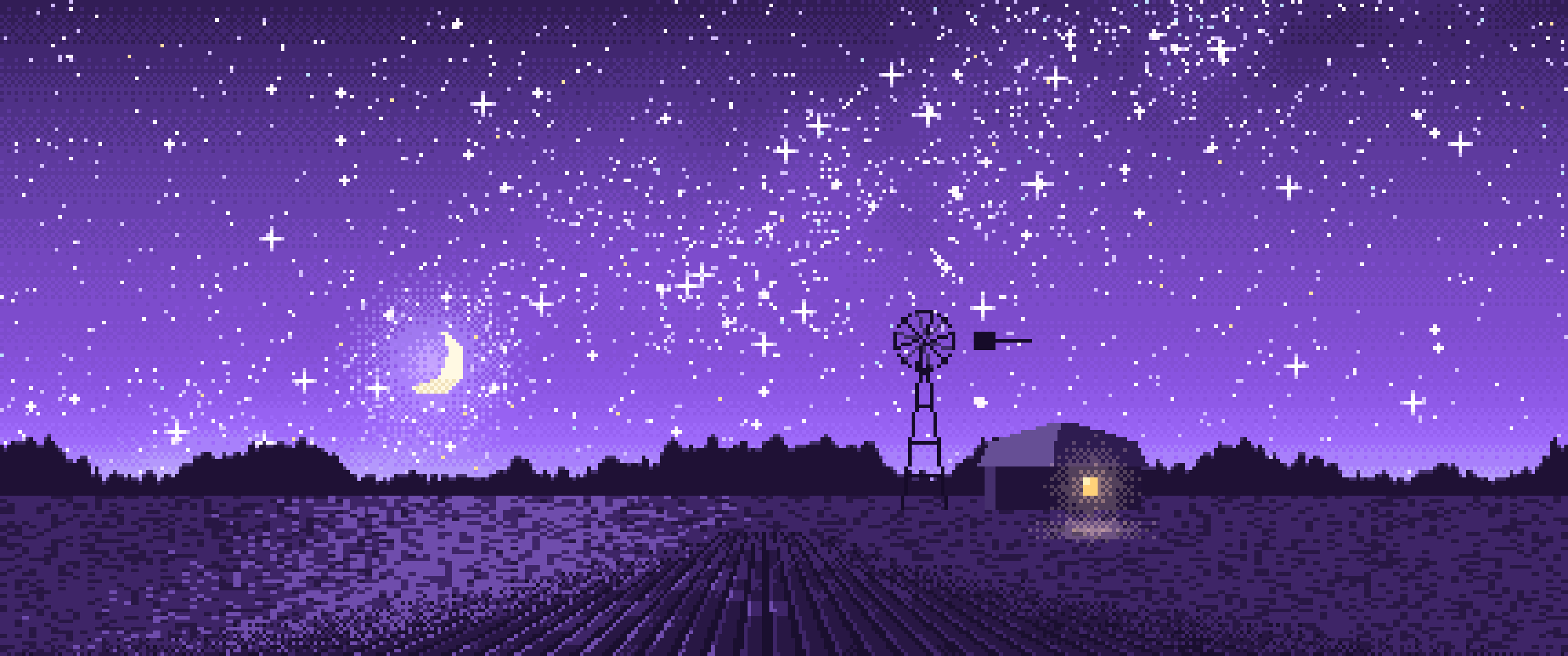 Purple Pixel Art Starry Night Sky Over a Field ultrawide wallpaper, 3440 × 1440