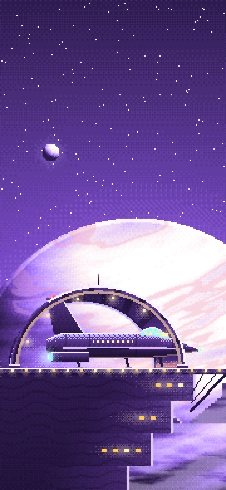 Purple Pixel Art Starship Hangar at Planet Rise wallpaper for iPhone and Android