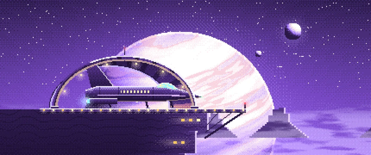 Purple Pixel Art Starship Hangar at Planet Rise ultrawide wallpaper, 3440 × 1440