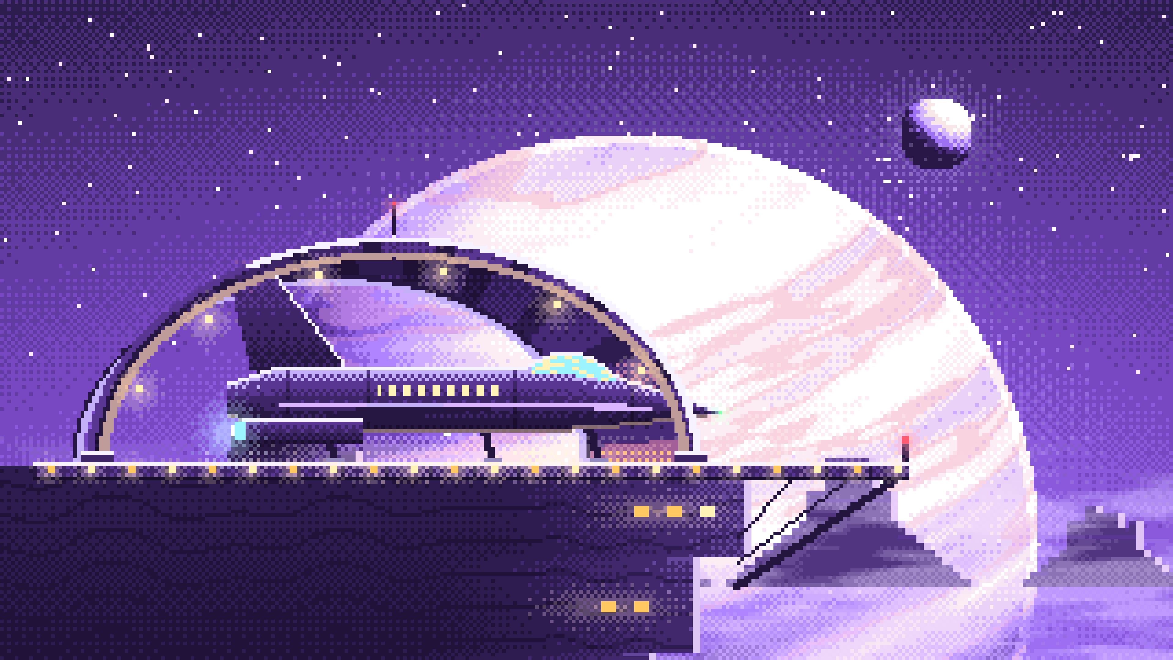 Purple Pixel Art Starship Hangar at Planet Rise desktop wallpaper in 4K