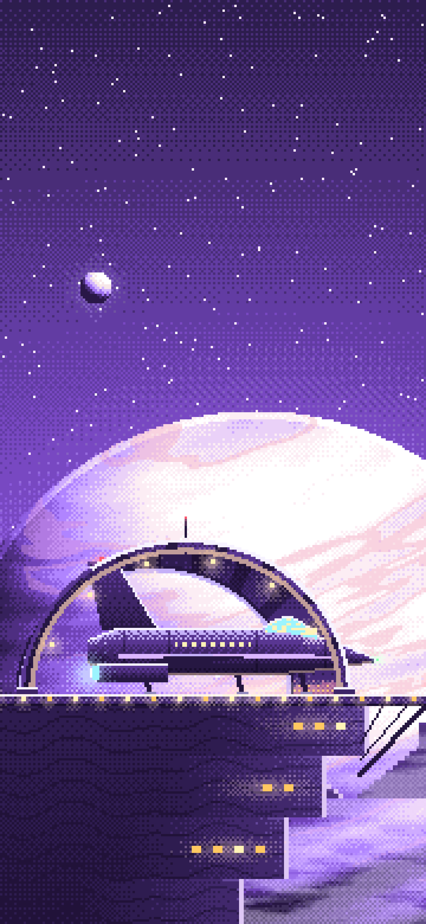 Purple Pixel Art Starship Hangar at Planet Rise wallpaper for iPhone and Android