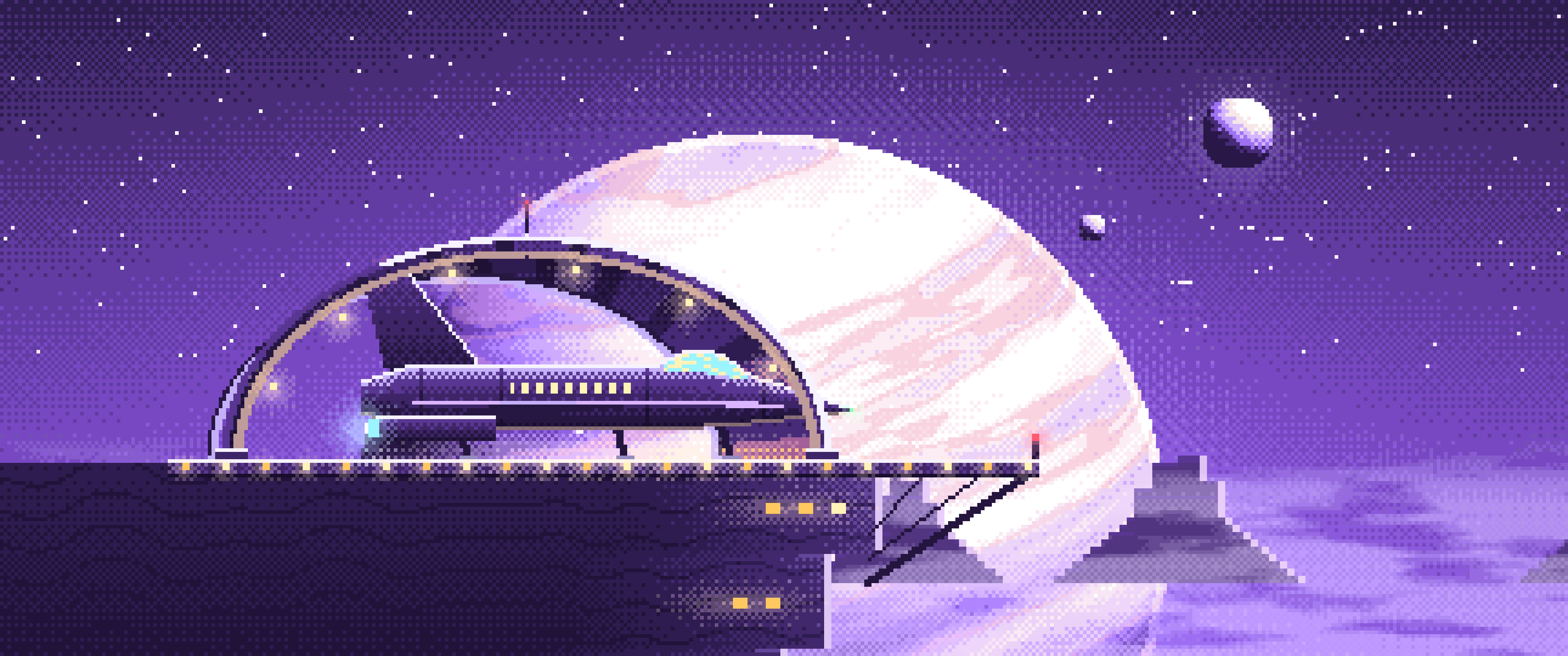 Purple Pixel Art Starship Hangar at Planet Rise ultrawide wallpaper, 3440 × 1440
