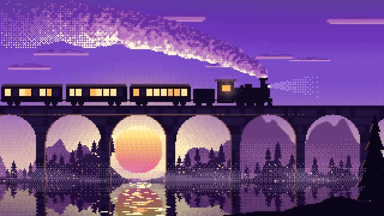 Purple Pixel Art Steam Train on a Viaduct desktop wallpaper in 4K