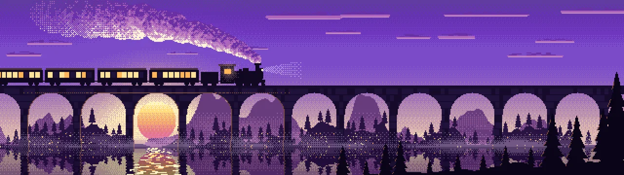 Purple Pixel Art Steam Train on a Viaduct dual monitor wallpaper, 7680 × 2160