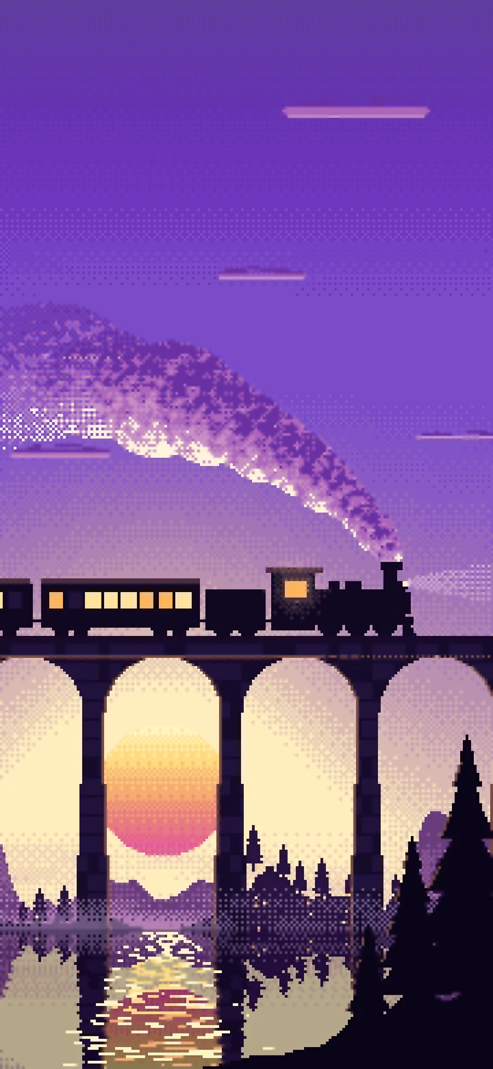 Purple Pixel Art Steam Train on a Viaduct wallpaper for iPhone and Android