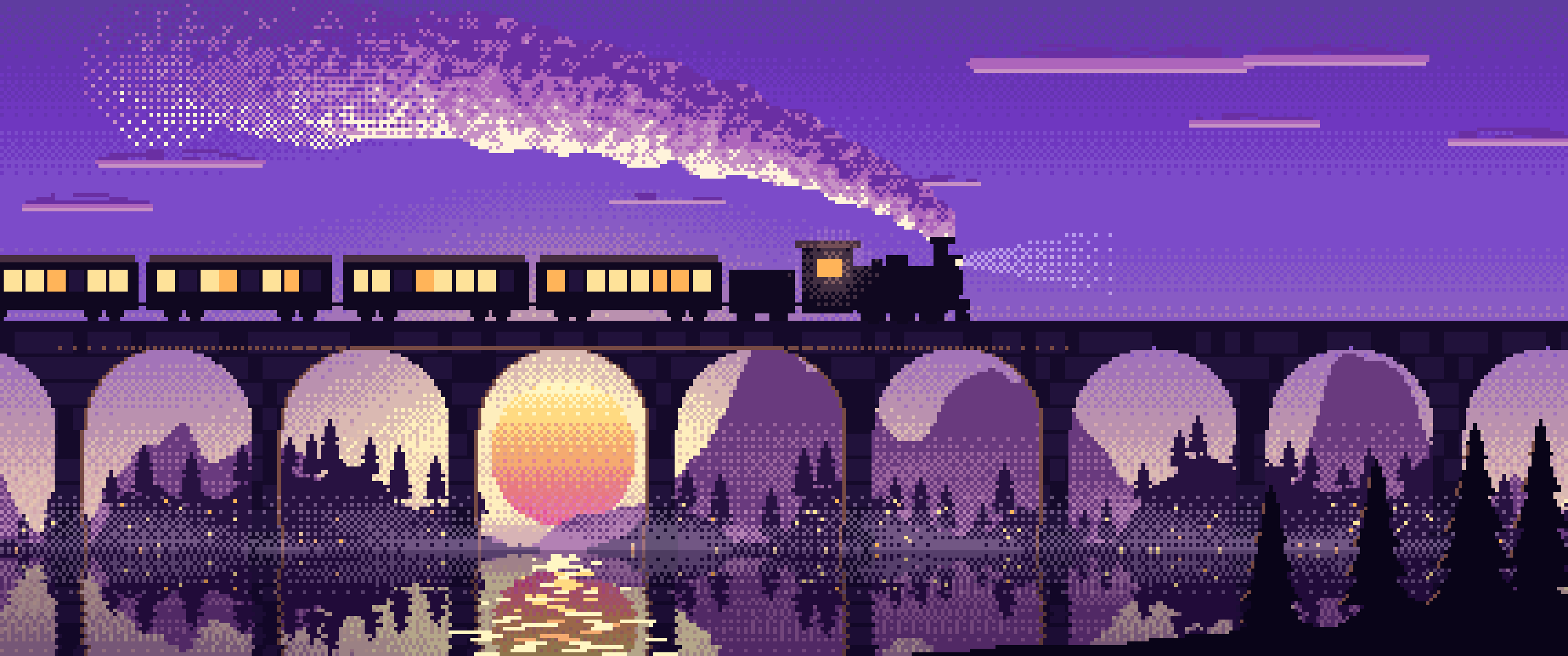 Purple Pixel Art Steam Train on a Viaduct ultrawide wallpaper, 3440 × 1440