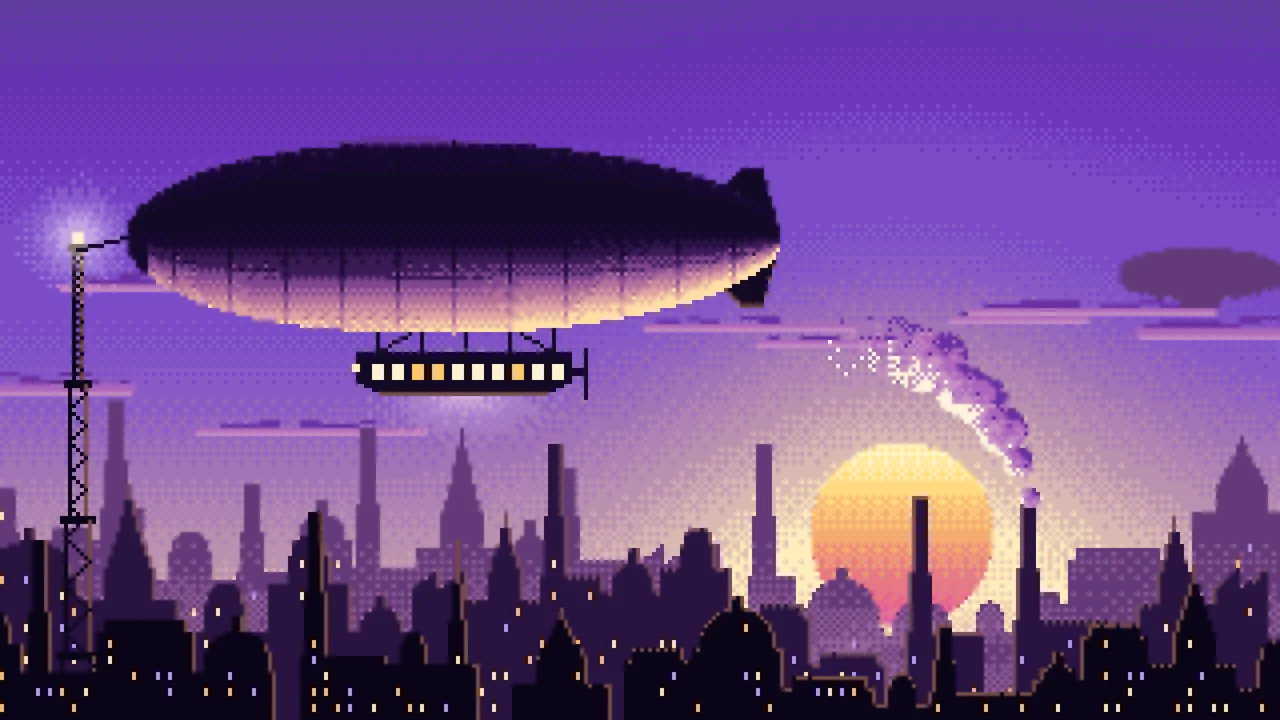 Purple Pixel Art Steampunk Airship at Sunset desktop wallpaper in 4K