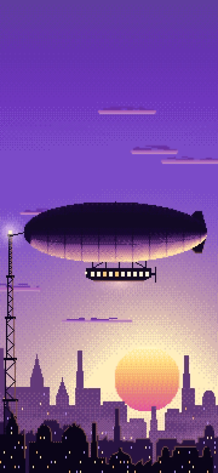 Purple Pixel Art Steampunk Airship at Sunset wallpaper for iPhone and Android